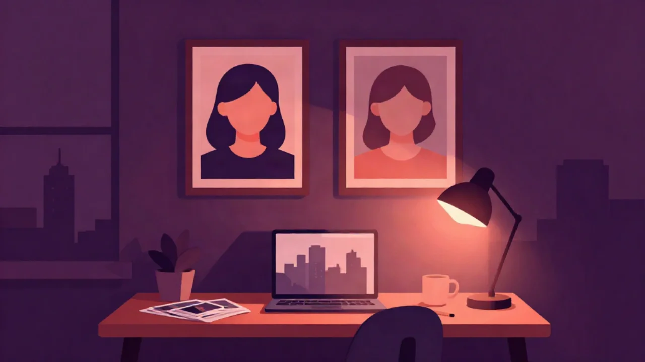 Flat vector illustration in deep plum of a home desk at night: two framed prints of the same portrait side by side on the wall, one crisp and one visibly softened, above a desk with a laptop, a stack of photo prints, a mug and a desk lamp casting a warm coral glow, with a city skyline through the window.