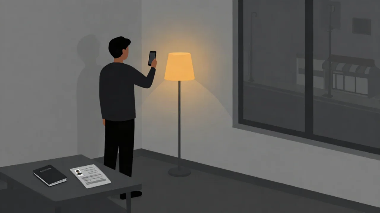 Flat vector illustration in charcoal and slate of a person standing against a plain light wall at night, holding a phone up at arm's length to take a self-portrait, a floor lamp casting a warm amber glow beside them, a dark passport booklet, a printed ID photo and a paper form on a low table in front, and a window on the right showing a small pharmacy storefront across a dim street