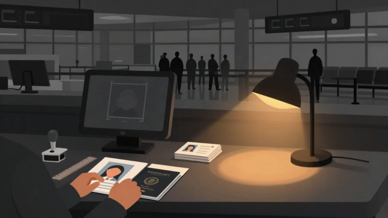 Flat vector illustration in charcoal and slate of an airport check-in desk at dusk: hands holding a printed portrait photo beside an open passport and a ruler, a monitor showing a face inside alignment brackets, a rubber stamp and a stack of ID photos, lit by a single warm amber desk lamp, with a silhouetted queue and departure-hall windows behind