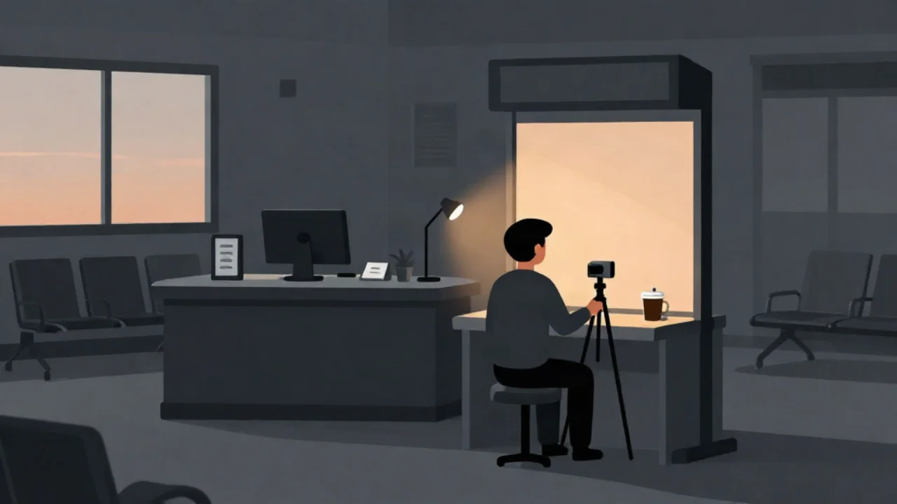 Flat vector illustration in charcoal and slate of a passport office capture booth at sunrise: a seated applicant, seen from behind, faces a small camera on a tripod in front of a lit backdrop screen, beside a clerk's counter with a monitor, a desk lamp casting a warm amber glow, a small plant and a coffee cup, with a row of empty waiting chairs and tall windows showing a peach dawn sky.
