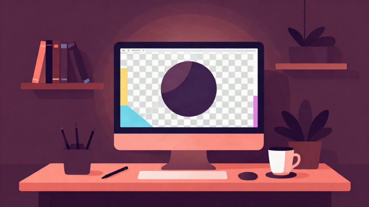 Flat vector illustration in deep plum of a designer's desk: a monitor showing a round logo on a grey-and-white transparency checkerboard, with a pencil cup, stylus, coffee mug and hanging plants around it