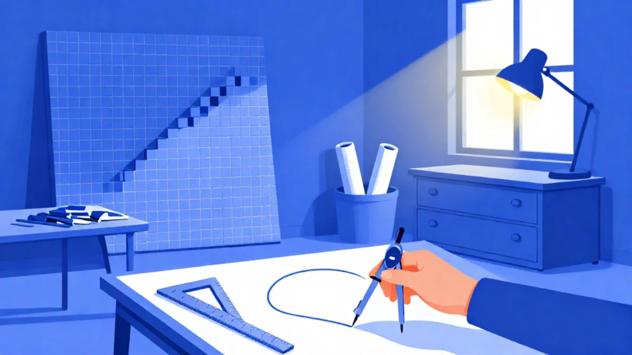 Illustration of a drafting table where a hand draws a smooth curve with a compass, beside a large tiled panel showing the same diagonal built from square tiles with a visibly stepped edge