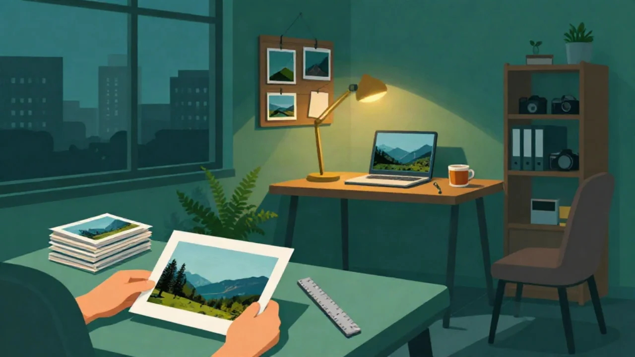 Flat teal illustration of a home desk at dusk: hands hold a printed mountain landscape over a desk with a stack of prints and a metal ruler, while a laptop shows the same scene under a gold desk lamp beside a bookshelf of cameras