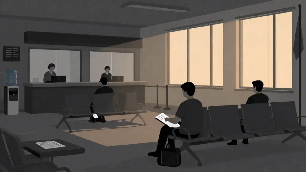 Illustration of a person waiting with a document folder in a consulate waiting room