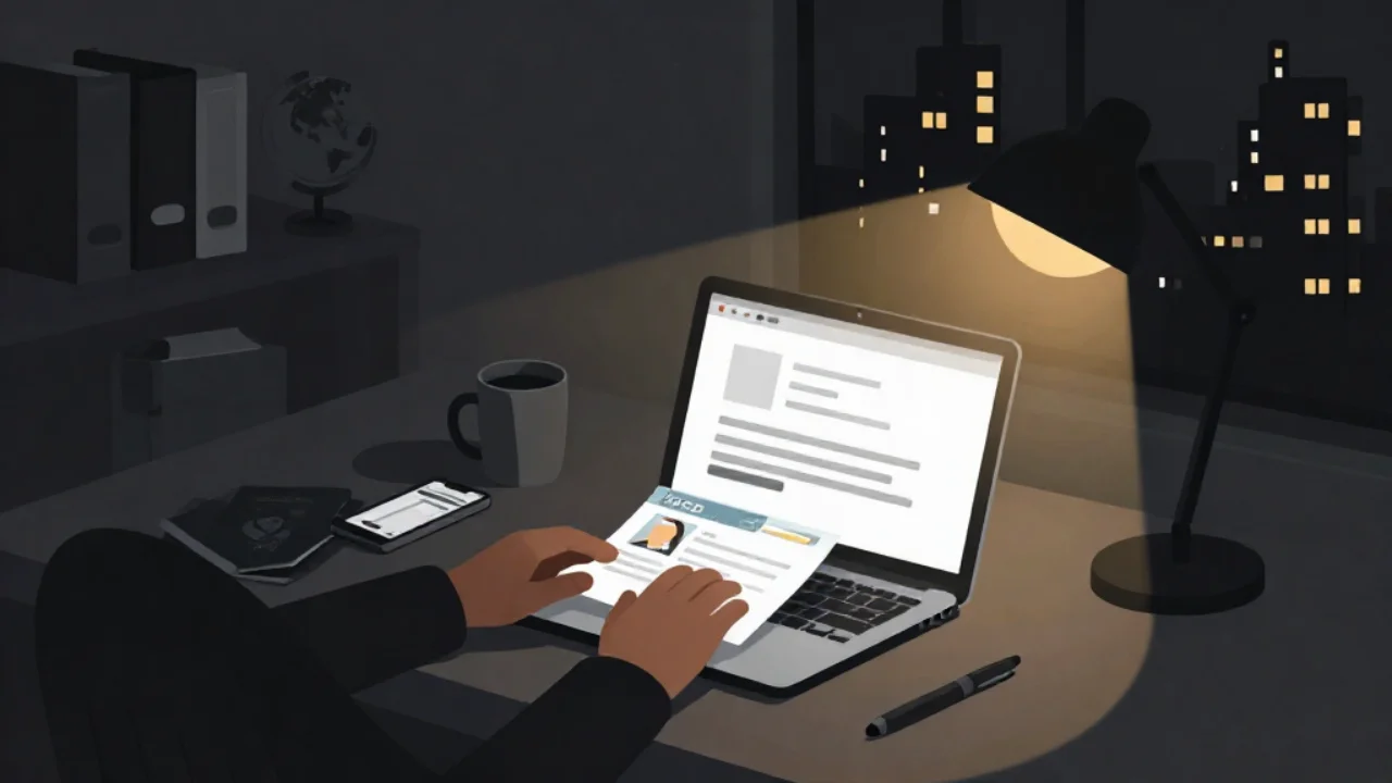 Illustration of a visa application upload form on a laptop at night beside a passport and phone
