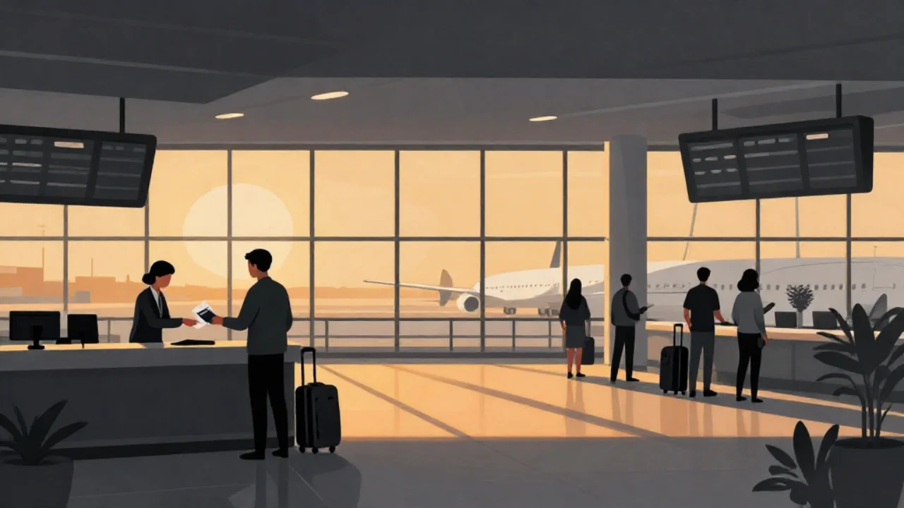 Illustration of a traveller at an airport check-in desk with documents at sunset