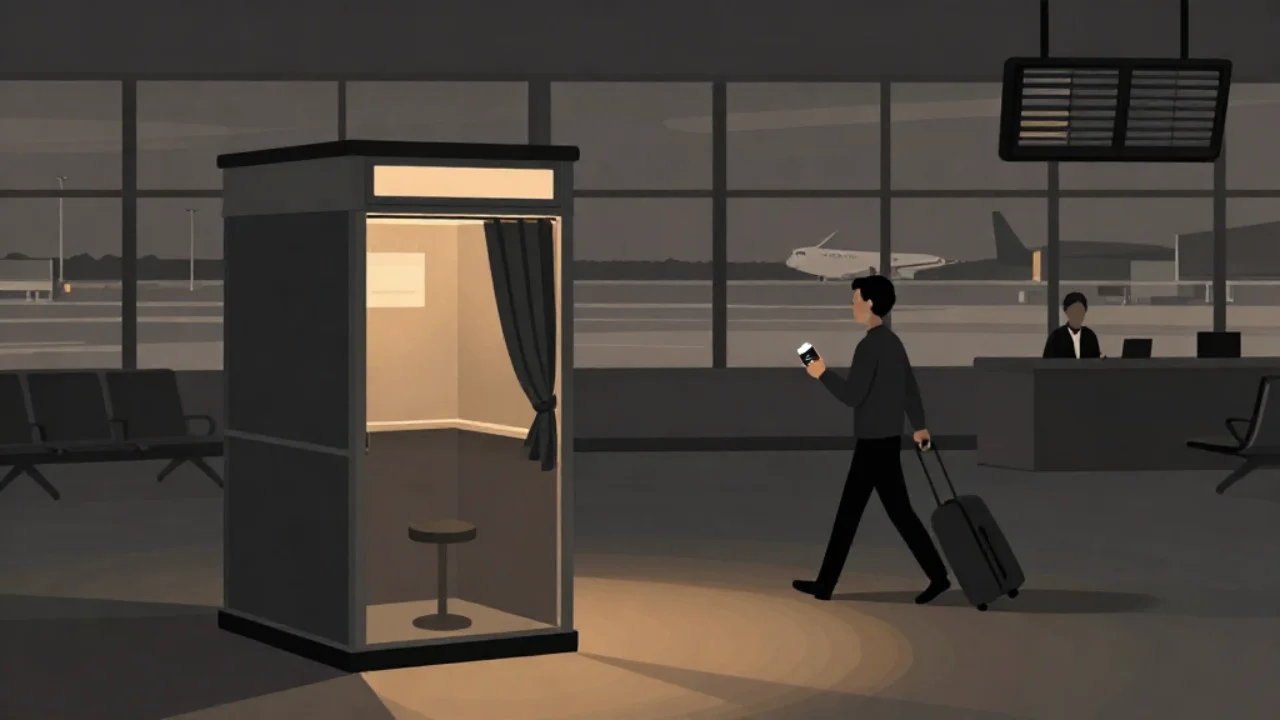 Illustration of a traveller with a suitcase and phone walking past an empty, lit photo booth in a dim airport terminal at dusk