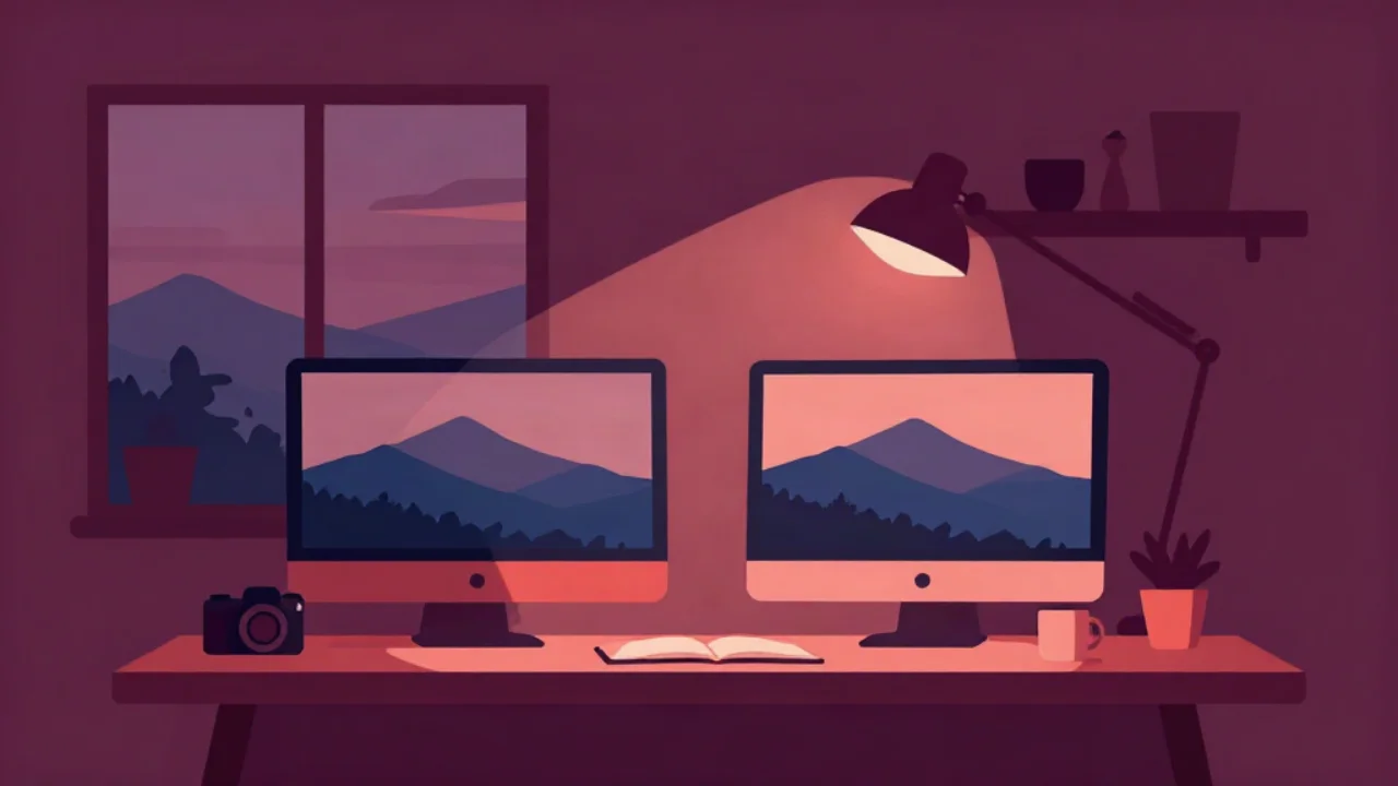 Flat vector illustration in deep plum of a home-office desk at evening: two monitors side by side each showing the same landscape photograph, a camera, a coffee mug and a small plant, lit by a warm coral desk lamp, with a window behind