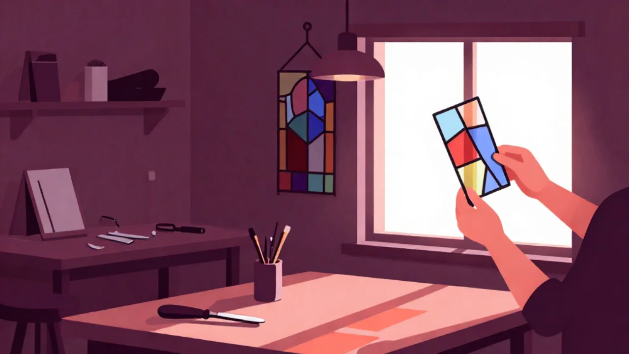 Illustration of a workshop where hands hold a panel of coloured stained glass up to a bright window, with a finished leaded panel hanging on the wall behind