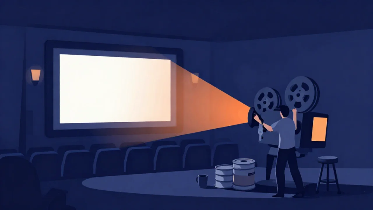 Illustration of a projectionist in a dark cinema threading a film projector, its beam widening across empty seats onto a large bright widescreen