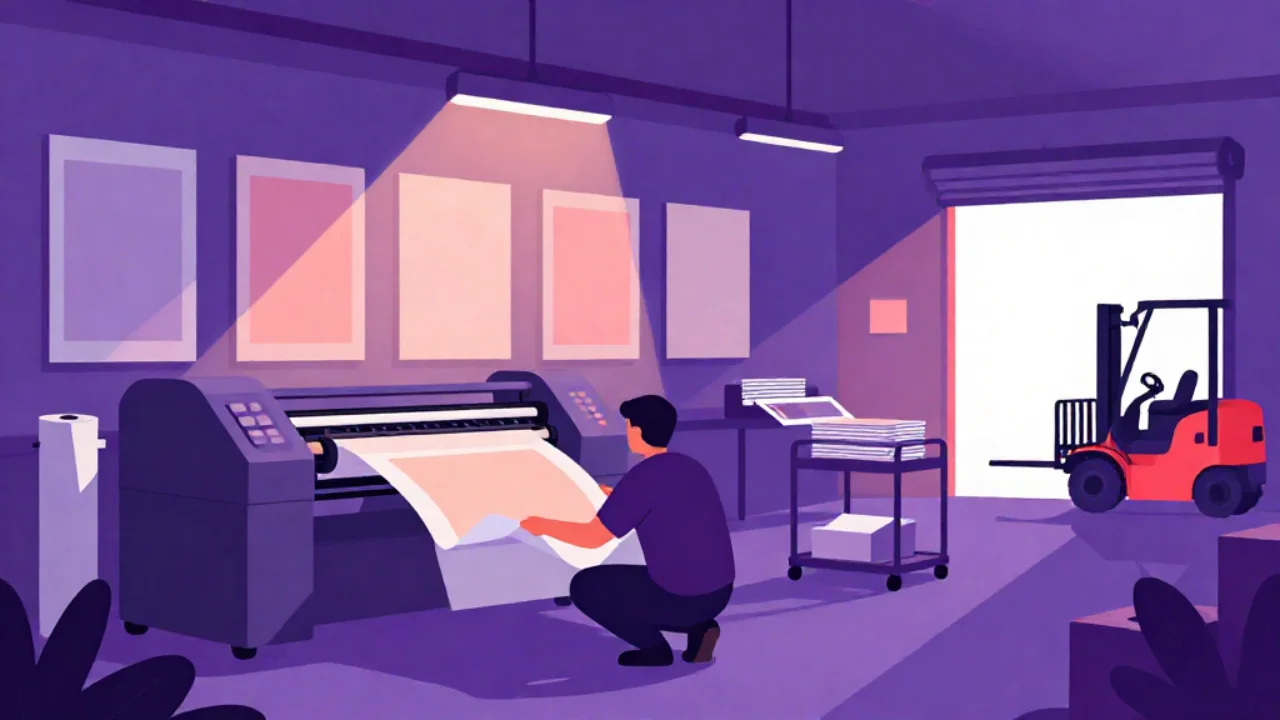 Illustration of a wide photographic print feeding out of a large-format roll printer