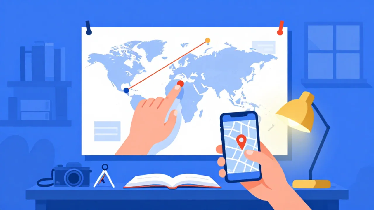 Illustration of a pin being pressed into a large wall map beside a phone showing a location marker