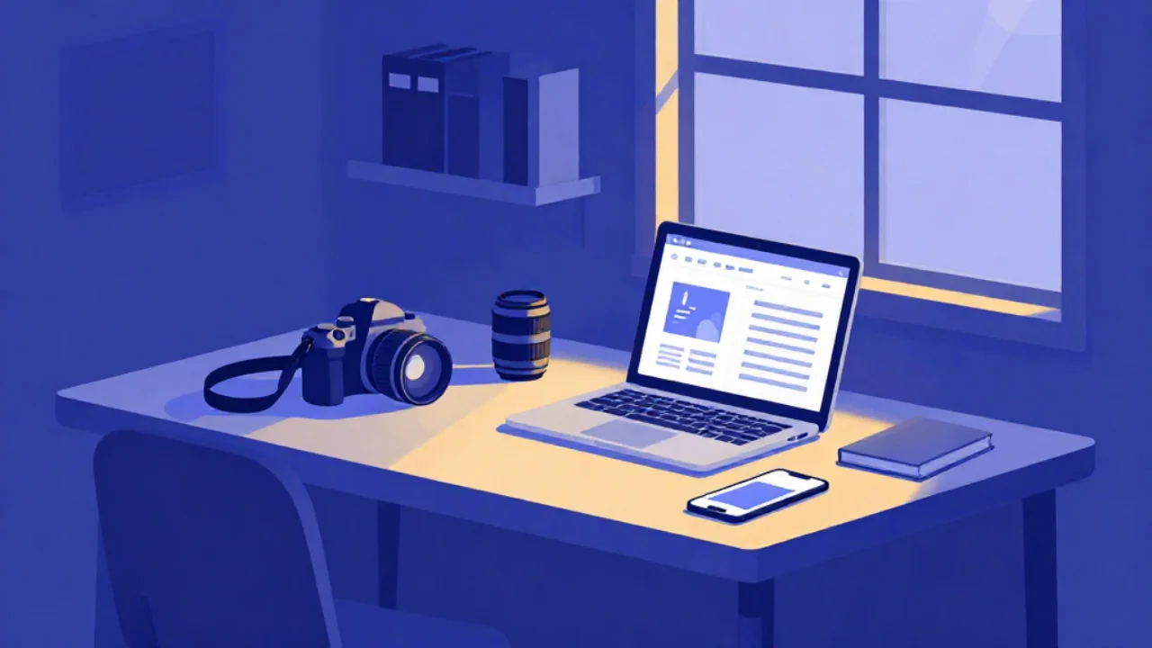 Illustration of a camera and phone on a desk beside a laptop showing photo details