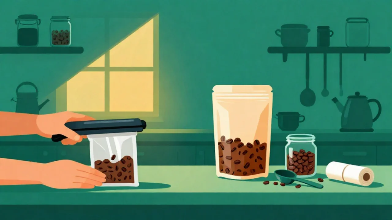 Illustration of a kitchen counter where hands vacuum-seal a bag of coffee beans, next to a full pouch and a jar holding the same beans