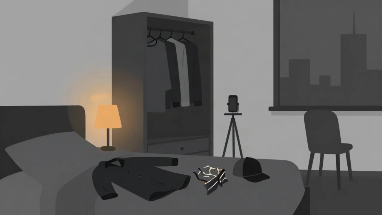 Flat vector illustration in charcoal grey of a bedroom at night: a dark collared shirt, a patterned scarf and a black baseball cap laid out on a bed, an open wardrobe of hanging shirts behind them, a phone on a small tripod, and a chair by a window with a city skyline, lit by a warm amber bedside lamp.