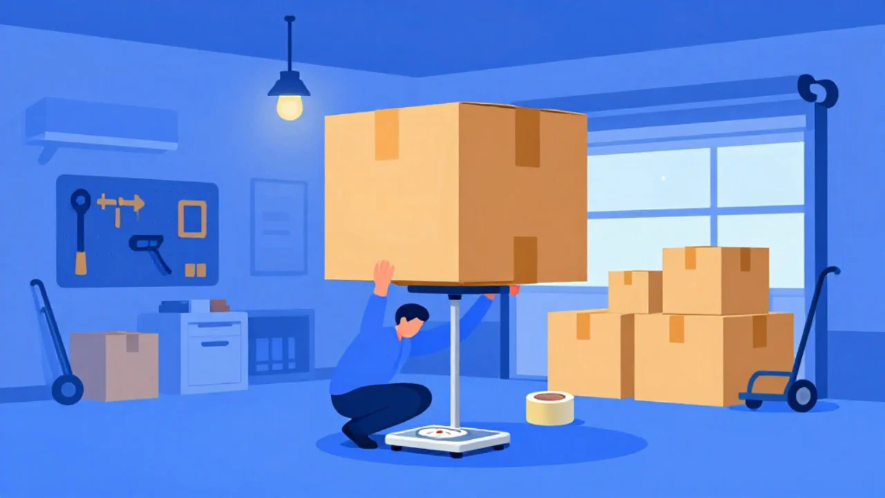 Illustration of an oversized cardboard box balanced on a small bathroom scale in a garage